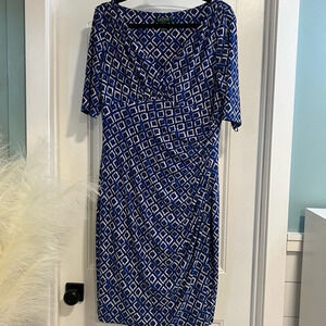 LAUREN Ralph Lauren Blue & White Ikat‎ Faux Wrap Ruched Jersey Dress. Size 14.